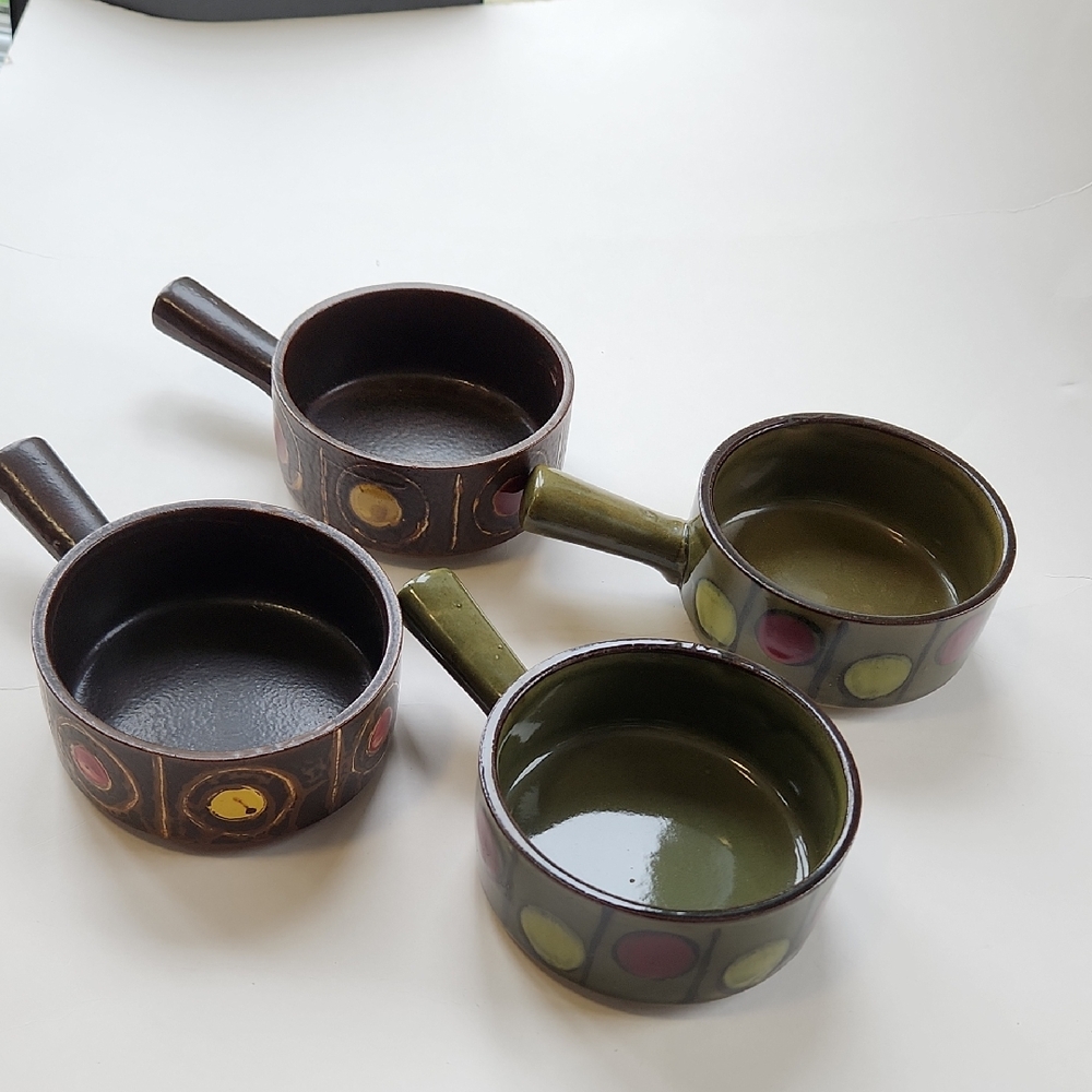 Set of Four Vintage Japanese Hand-painted Stoneware Soup Bowls /Dishes